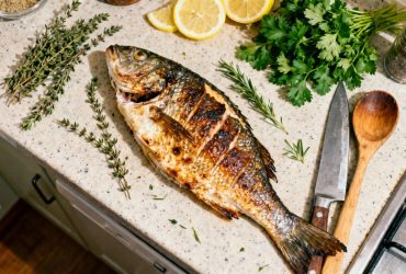 Filet de loup de mer parfaitement cuit avec peau dorée et croustillante, accompagné de thym, persil et quartiers de citron
