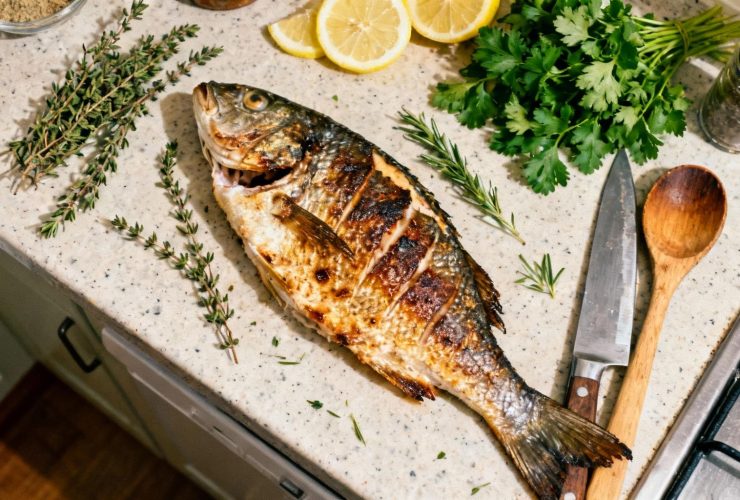 Filet de loup de mer parfaitement cuit avec peau dorée et croustillante, accompagné de thym, persil et quartiers de citron