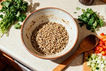 Bol de larme de job bien cuit avec herbes fraîches et légumes sur un plan de travail de cuisine