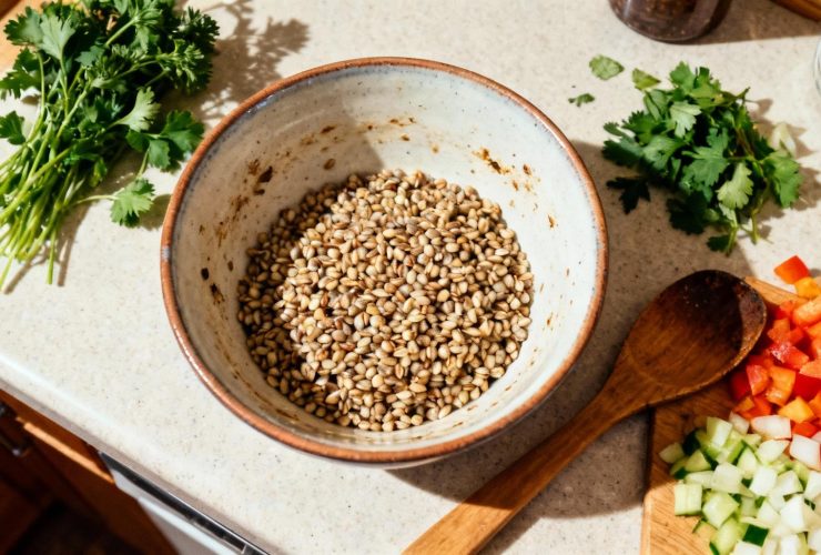 Bol de larme de job bien cuit avec herbes fraîches et légumes sur un plan de travail de cuisine