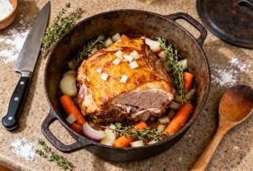Palette de porc braisée dorée dans une cocotte en fonte, entourée d'oignons, carottes et thym frais sur un plan de travail de cuisine