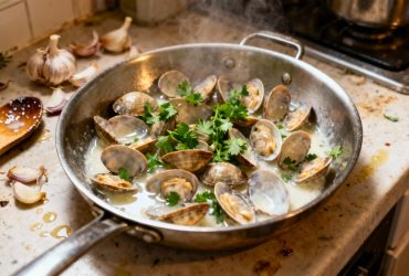 Poêle avec amandes de mer marinière cuites, sauce au vin blanc et persil, ingrédients de cuisine épars autour