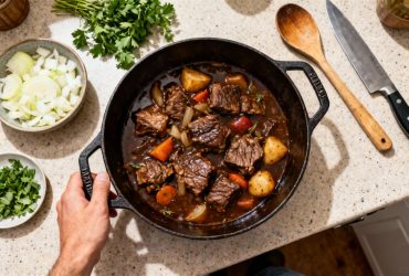 Boeuf bourguignon mijoté dans une cocotte en fonte avec sauce riche, morceaux de boeuf tendres et légumes