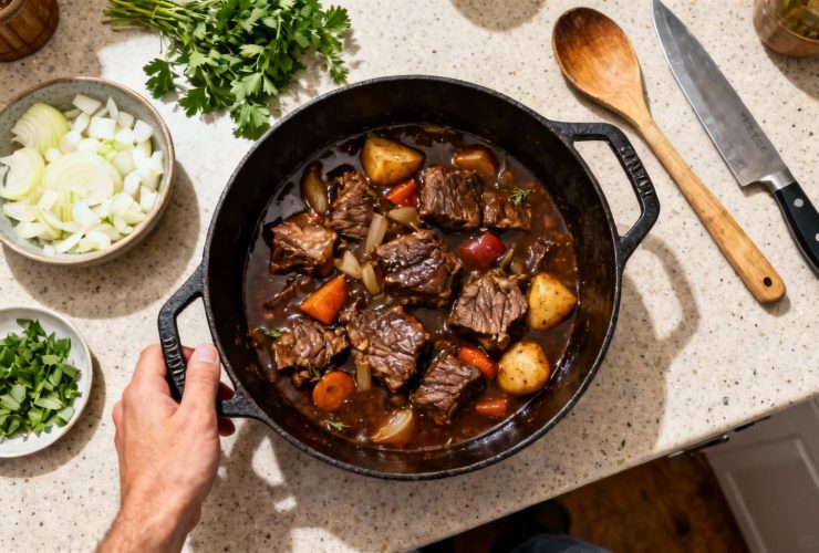 Boeuf bourguignon mijoté dans une cocotte en fonte avec sauce riche, morceaux de boeuf tendres et légumes
