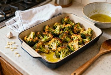 Brocoli rôti croustillant dans un plat de cuisson avec des morceaux d'ail et une brillance d'huile d'olive sur un plan de travail de cuisine