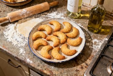 Canistrelli corses en forme de croissant dorés sur un plan de travail rustique avec farine, rouleau à pâtisserie et bouteilles d'huile d'olive