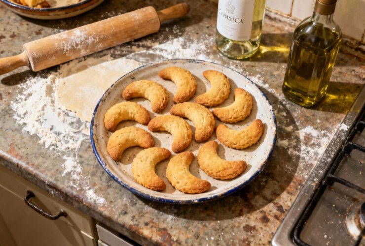 Canistrelli corses en forme de croissant dorés sur un plan de travail rustique avec farine, rouleau à pâtisserie et bouteilles d'huile d'olive
