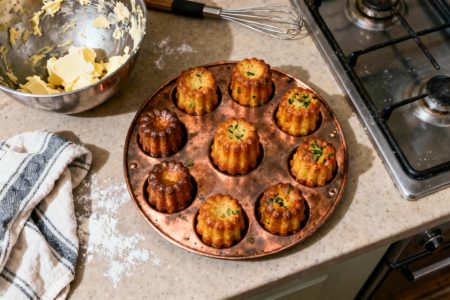 Cannelés salés encore chauds dans leurs moules en cuivre sur un plan de travail de cuisine avec ustensiles de pâtisserie