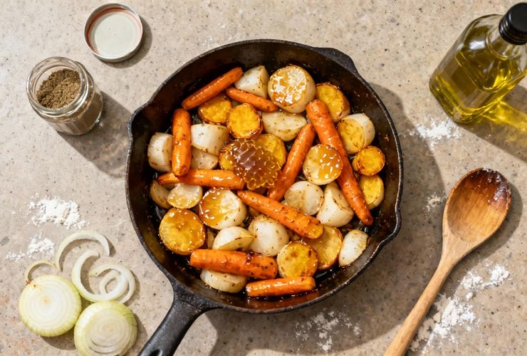 Poêle avec carottes et navets dorés caramélisés au miel, entourés d'oignon, cumin et huile d'olive sur un plan de travail de cuisine