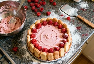 Charlotte aux framboises fraîchement préparée avec mousse légère, biscuits à la cuillère et framboises fraîches sur un plan de travail de cuisine