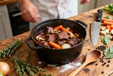 Chevreuil en cocotte avec carottes, champignons et oignons dans une sauce au vin, entouré d'ingrédients frais sur un plan de travail rustique