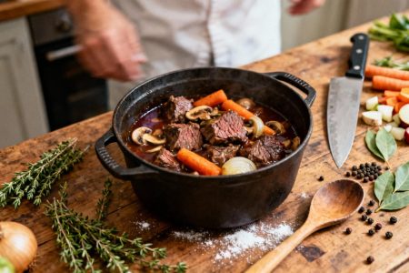 Chevreuil en cocotte avec carottes, champignons et oignons dans une sauce au vin, entouré d'ingrédients frais sur un plan de travail rustique