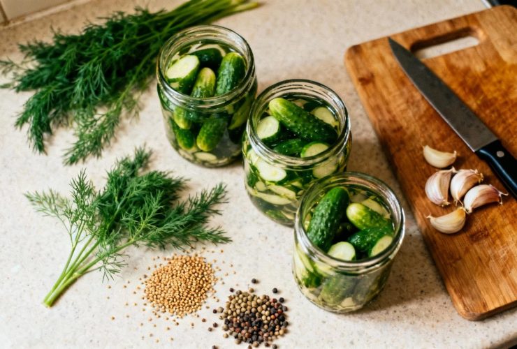 Pots de verre remplis de cornichons maison entourés d'ingrédients frais comme l'aneth, les graines de moutarde et l'ail sur un plan de travail de cuisine
