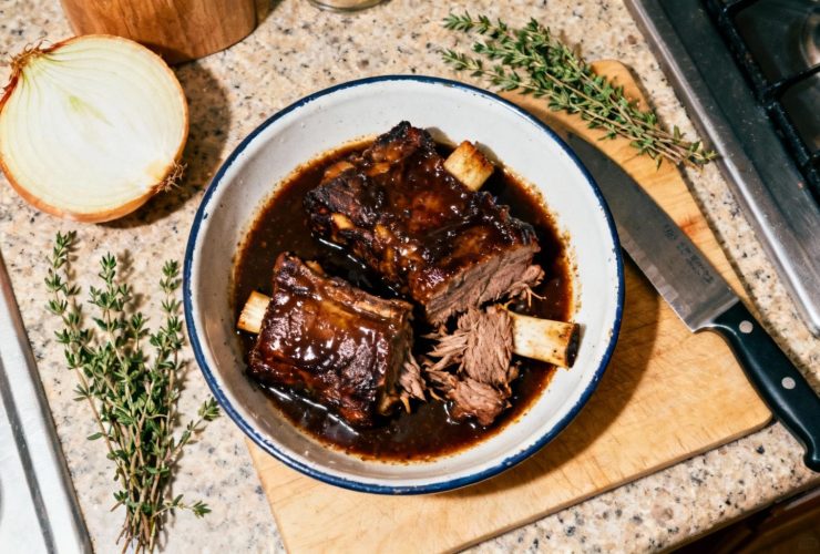 Plat de côte de bœuf braisée tendre avec sauce riche et brillante, accompagnée de thym frais et oignon sur planche à découper