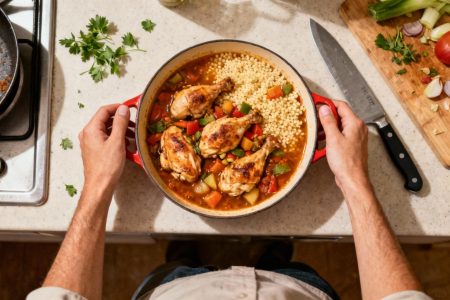 Couscous au poulet avec légumes colorés dans un bouillon épicé, vue de cuisine avec couteau et planche à découper