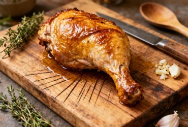 Cuisse de dinde rôtie avec une peau croustillante et dorée, entourée d'ingrédients frais comme de l'ail et du thym