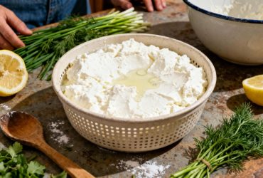Faisselle maison fraîche dans un récipient perforé, entourée d'herbes fraîches, citron et ustensiles de cuisine sur un plan de travail rustique