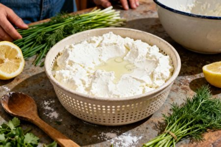 Faisselle maison fraîche dans un récipient perforé, entourée d'herbes fraîches, citron et ustensiles de cuisine sur un plan de travail rustique
