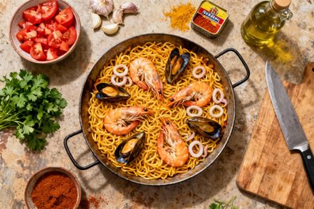 Fideuà catalane dorée avec fruits de mer dans une paellera, entourée d'ingrédients frais comme tomates et ail sur un plan de travail rustique