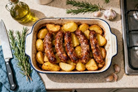 Plat de figatelli corse et pommes de terre rôties dorés dans un plat allant au four, avec romarin, ail et huile d'olive