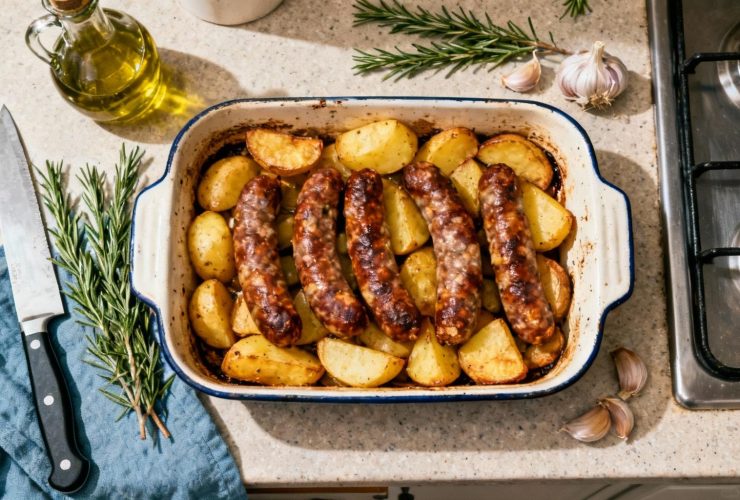 Plat de figatelli corse et pommes de terre rôties dorés dans un plat allant au four, avec romarin, ail et huile d'olive