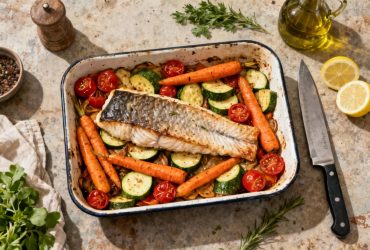 Filet de cabillaud cuit au four avec carottes, courgettes et tomates cerises sur plan de travail rustique