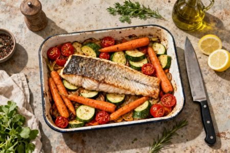 Filet de cabillaud cuit au four avec carottes, courgettes et tomates cerises sur plan de travail rustique