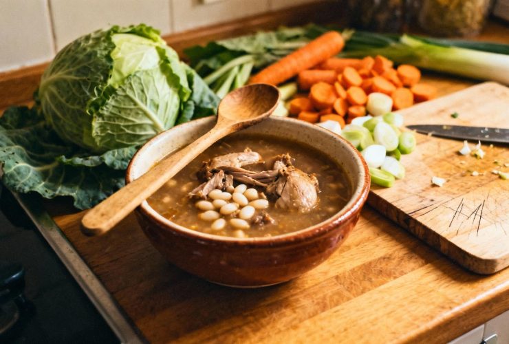 Garbure du sud-ouest servie dans un bol traditionnel avec confit de canard, haricots blancs et légumes frais sur un plan de travail