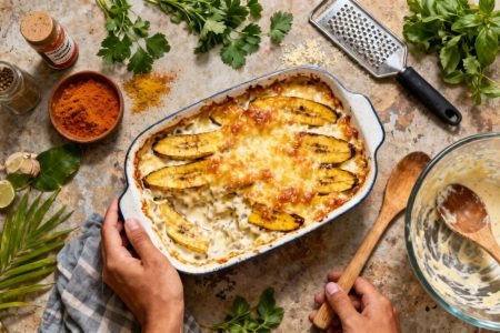 Gratin de banane plantain avec croûte de fromage dorée, couches de plantain visibles, entouré d'ingrédients sur un comptoir de cuisine