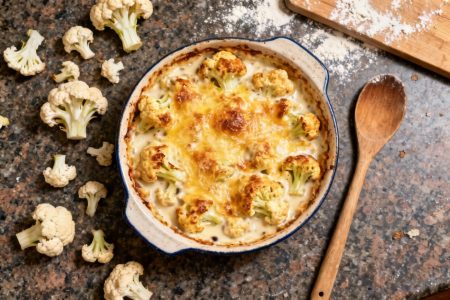 Gratin de chou-fleur doré avec béchamel maison et gruyère fondu, vue plongeante sur plan de travail de cuisine