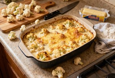 Gratin de chou-fleur avec béchamel crémeuse et croûte de fromage fondu, préparé sur un plan de travail de cuisine