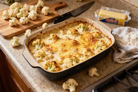 Gratin de chou-fleur avec béchamel crémeuse et croûte de fromage fondu, préparé sur un plan de travail de cuisine