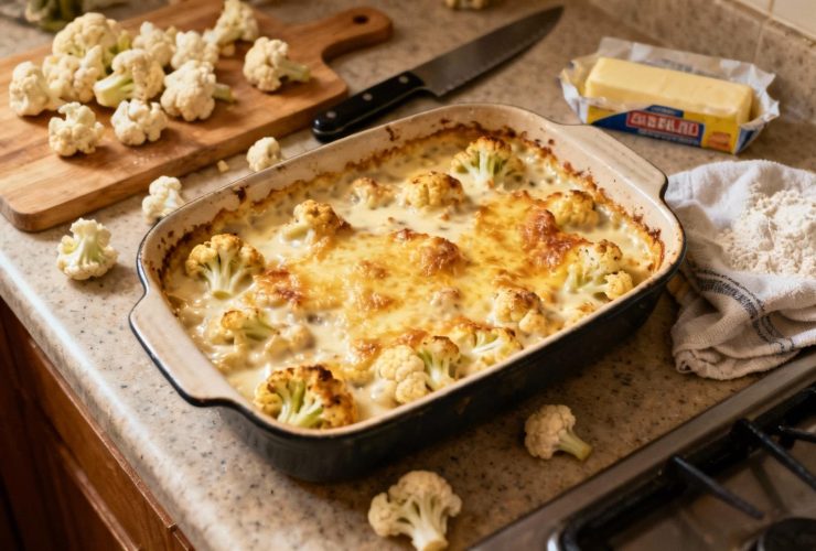 Gratin de chou-fleur avec béchamel crémeuse et croûte de fromage fondu, préparé sur un plan de travail de cuisine
