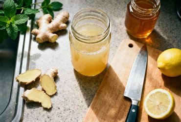 Jus de gingembre frais dans un bocal en verre entouré de morceaux de gingembre pelé, citron et miel sur un plan de travail