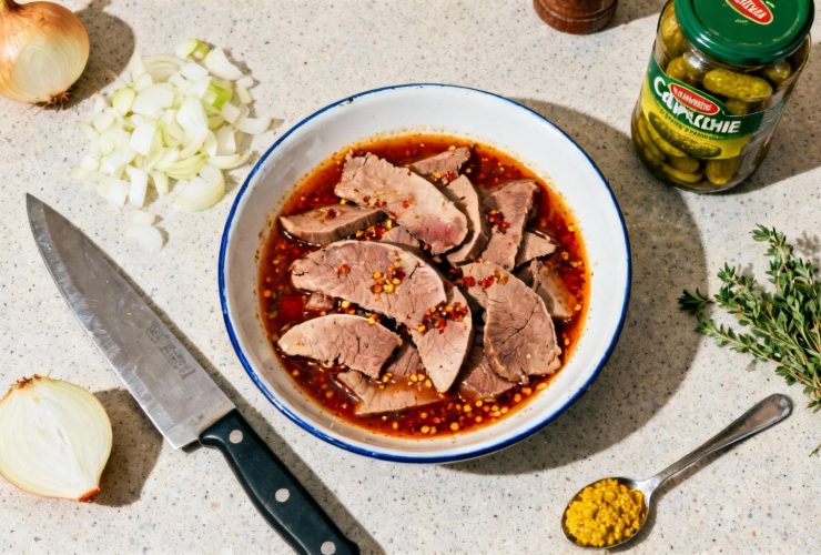 Langue de bœuf coupée en tranches avec sauce piquante, entourée d'échalotes hachées, cornichons et herbes aromatiques sur plan de travail de cuisine