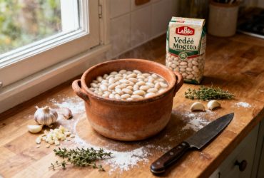 Mogette de Vendée Label Rouge dans un pot en terre avec ail et thym frais, sur un plan de travail en bois