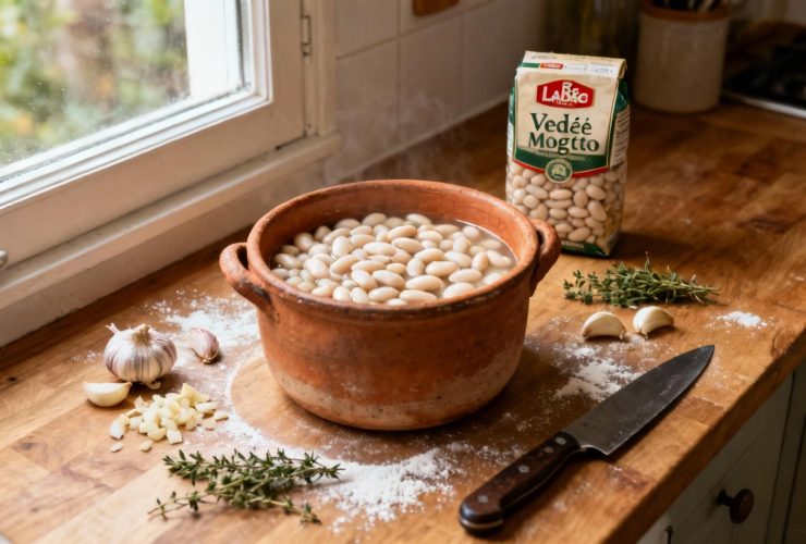 Mogette de Vendée Label Rouge dans un pot en terre avec ail et thym frais, sur un plan de travail en bois