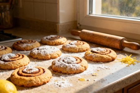 Biscuits montecao traditionnels saupoudrés de sucre glace sur un plan de travail de cuisine avec rouleau à pâtisserie