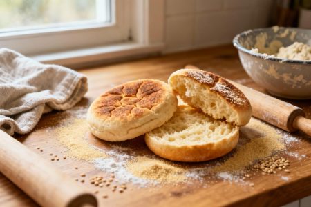 Muffins anglais dorés et craquelés sur un plan de travail en bois, ouverts pour montrer l'intérieur moelleux, avec accessoires de cuisine artisanale