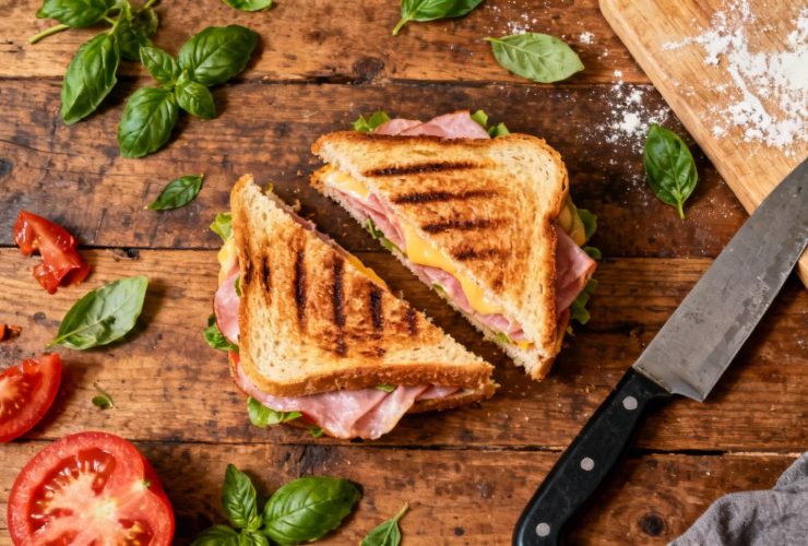 Panini jambon fromage grillé posé sur un plan de travail en bois avec couteau de cuisine et ingrédients autour