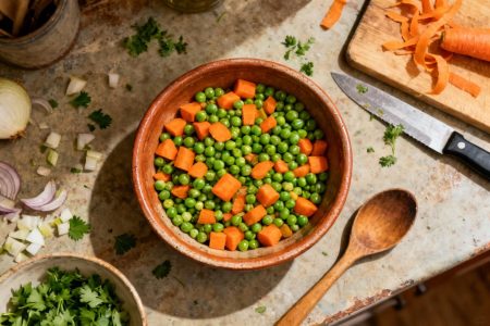 Petits pois et carottes frais dans un bol en céramique avec oignon et persil sur un plan de travail rustique