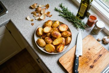 Potatoes dorées et croustillantes sortant du four, posées sur une planche à découper en bois avec herbes et épices autour