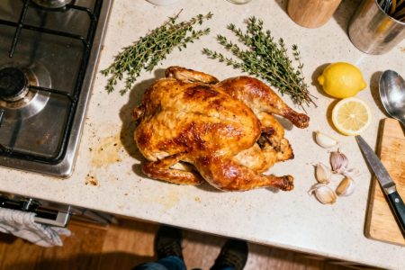 Poularde rôtie dorée présentée sur un plan de travail avec thym frais, gousses d'ail et tranches de citron