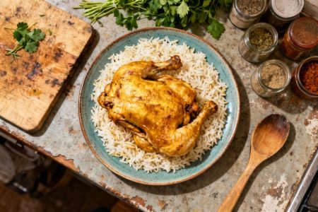 Plat de poulet doré accompagné de riz basmati posé sur un plan de travail de cuisine rustique avec herbes fraîches et ustensiles