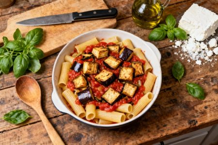 Plat de rigatoni alla norma avec sauce tomate, aubergines frites et ricotta salata sur un plan de travail rustique