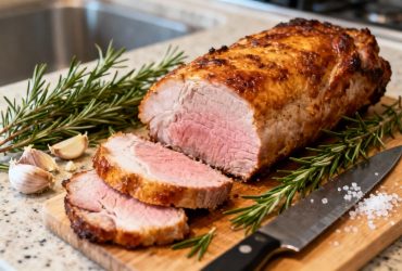 Rôti de porc tranché montrant une croûte dorée et l'intérieur rose juteux, entouré de romarin et ail sur planche à découper