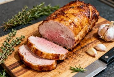 Rôti de porc parfaitement cuit avec croûte dorée et intérieur rose, entouré de thym frais et gousses d'ail sur planche à découper en bois