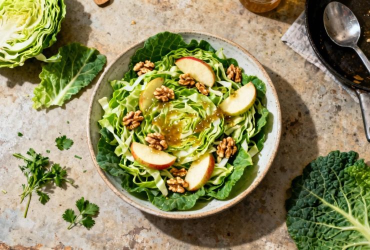 Salade vibrante de choudou avec noix, pommes et vinaigrette miel-noix dans une cuisine rustique