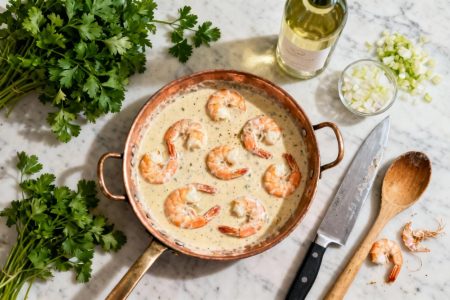 Sauce crevette riche et onctueuse dans une poêle en cuivre entourée de persil frais, échalotes et ustensiles de cuisine