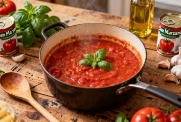 Sauce tomate maison mijotant dans une casserole en fonte avec des ingrédients frais comme des tomates San Marzano et du basilic